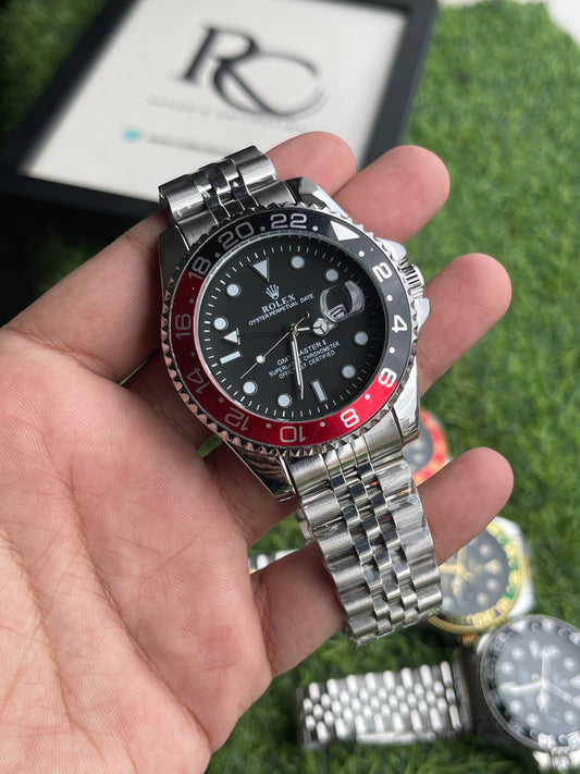 RC RLX GMT-Master II 5-Link Jubilee Bracelet Luxury Edition Black & Red Bezel | Silver Bracelet
