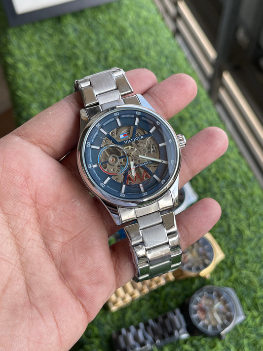 RC Tommy Automatic Skeleton Watch β Silver & Blue Edition