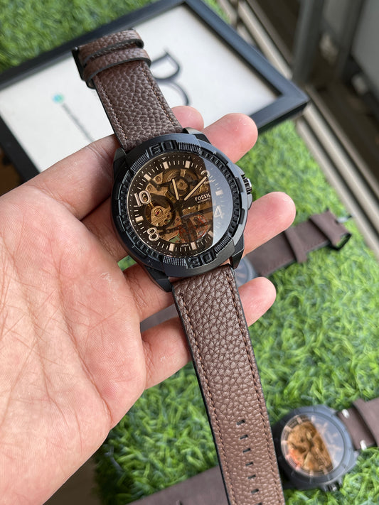 RC Fossiil Automatic Skeleton Watch – Textured Brown Leather Strap