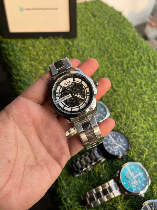 RC X Armanii Exxchange Automatic Skeleton Watch – Silver Chain with White & Black Dial