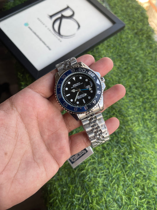 RC X Seiiko GMT-Master II Style Black Dial Black & Blue Bezel – Silver Jubilee Bracelet