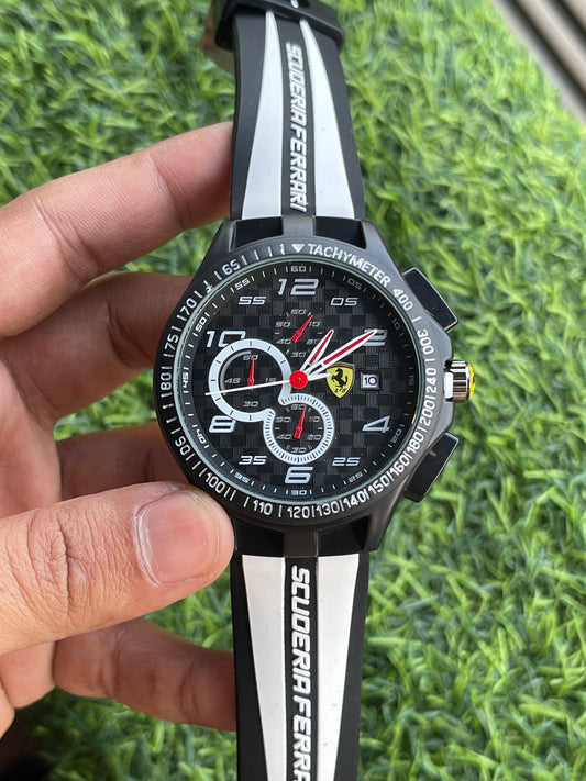 RC Ferrarii Sport Chronograph Style Watch – Black & White Racing Strap