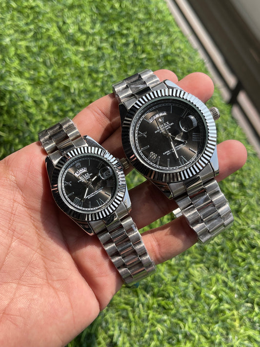 RC Silver-Black RLX Couple Watch Set – Luxury Inspired Edition