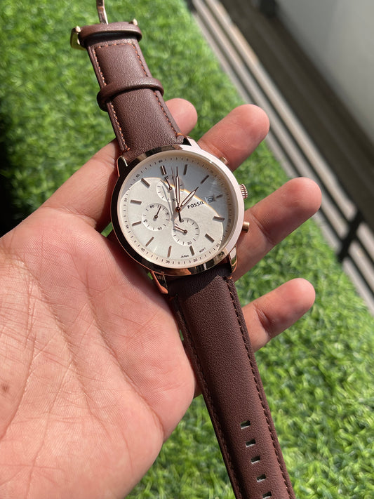 RC Fossiil Chronograph – Rose Gold & Brown Leather Edition