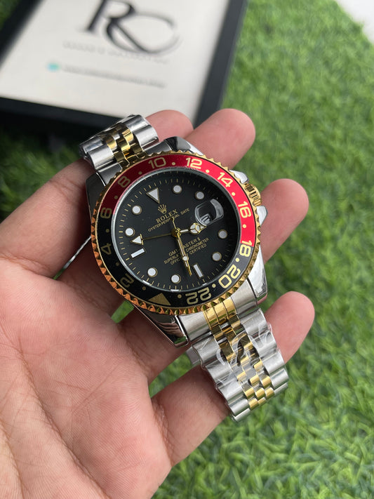 RC RLX GMT-Master II 5-Link Jubilee Bracelet Luxury Edition Black & Red Bezel with Gold Details | Two-Tone Bracelet