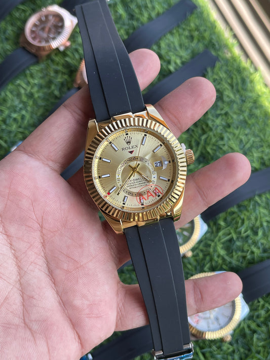 RC RLX Skydweller Premium Gold Dial Quartz Watch with Black Rubber Strap