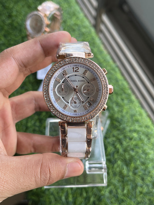 RC Miichael Kors Parker Crystal Chronograph – White Rose Gold Edition
