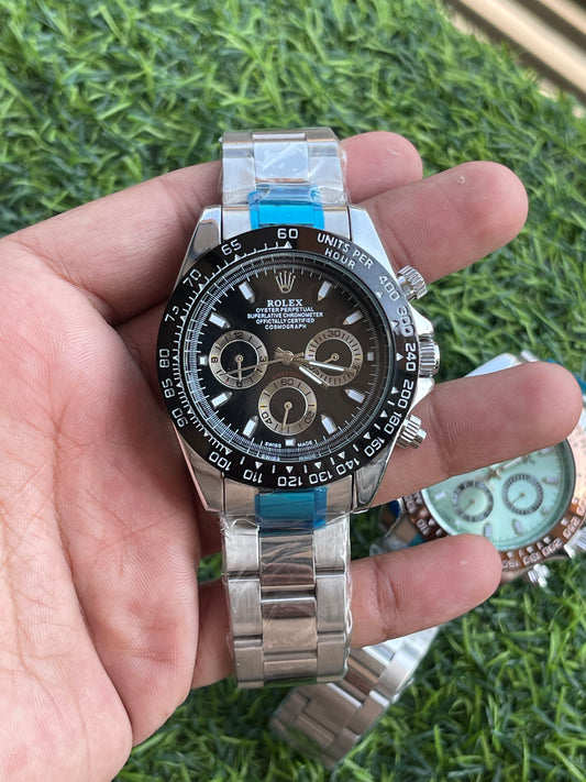 RC RLX Luxury Chronograph Stainless Steel Watch – Black Dial (Daytona-Style)