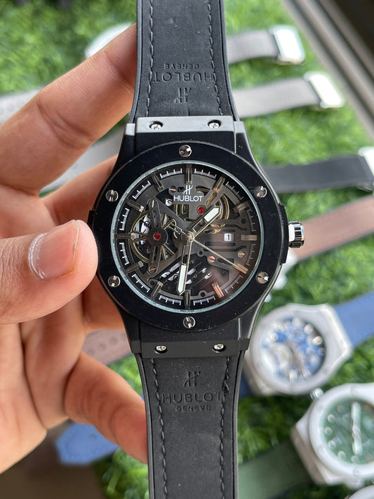 RC Hublt Classic Fusion Black Skeleton Watch (Black Strap)
