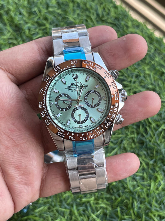 RC RLX Luxury Chronograph Stainless Steel Watch – Ice Blue Dial with Rose Gold Bezel (Daytona-Style)