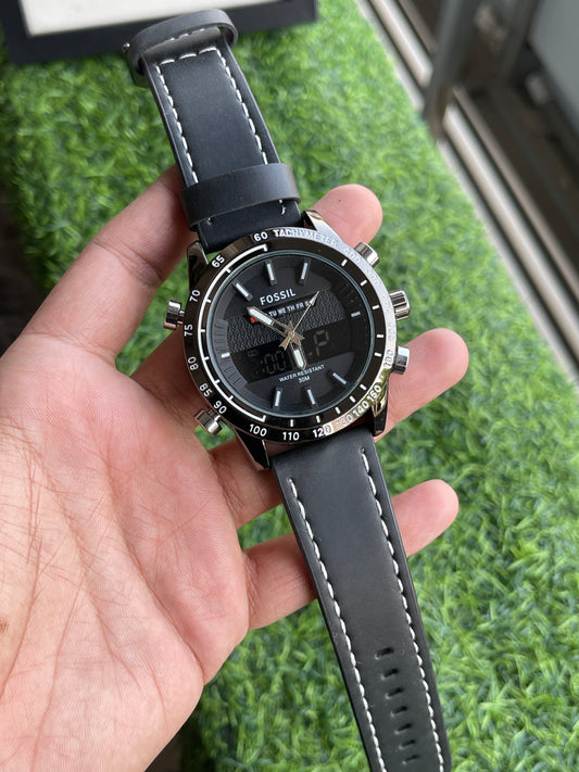 RC Fossiil Hybrid Tachymeter – Black Leather Edition