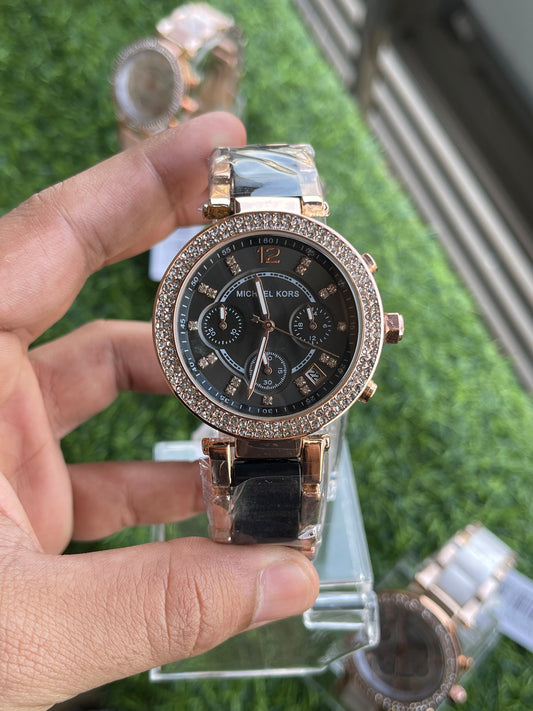 RC Miichael Kors Parker Crystal Chronograph – Black Rose Gold Edition
