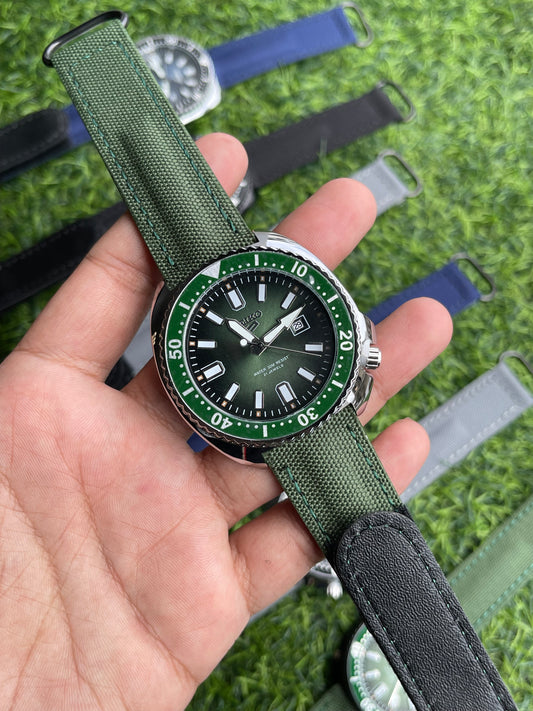 RC X Seiiko 5 Quartz – Green Dial-Silver case | Olive Green Canvas Strap