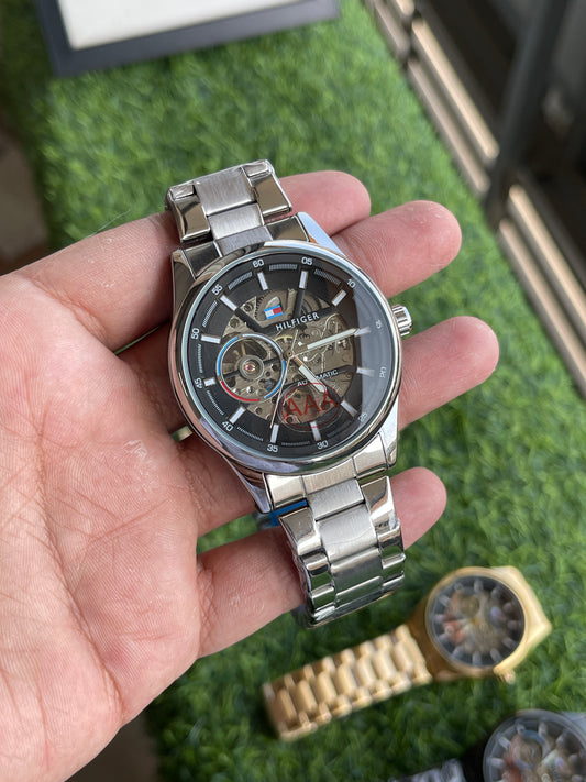 RC Tommy Automatic Skeleton Watch – Silver & Black Edition