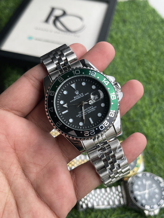 RC RLX GMT-Master II 5-Link Jubilee Bracelet Luxury Edition Black & Green Bezel | Silver Bracelet