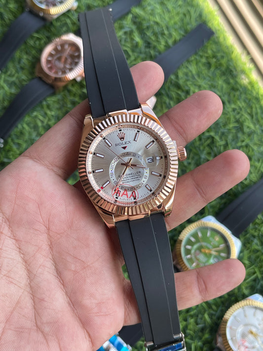 RC RLX Sky-Dweller–Style Silver Dial Quartz Watch with Rose-Gold Fluted Bezel