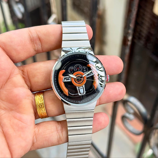 RC Ferrarii Racing Wheel Edition Stainless Steel Watch – Silver Strap & Black Dial