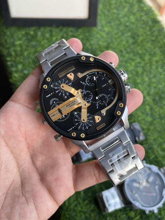 RC X Diiesel Mega Chief Black & Gold Edition Silver Chain Chronograph Watch