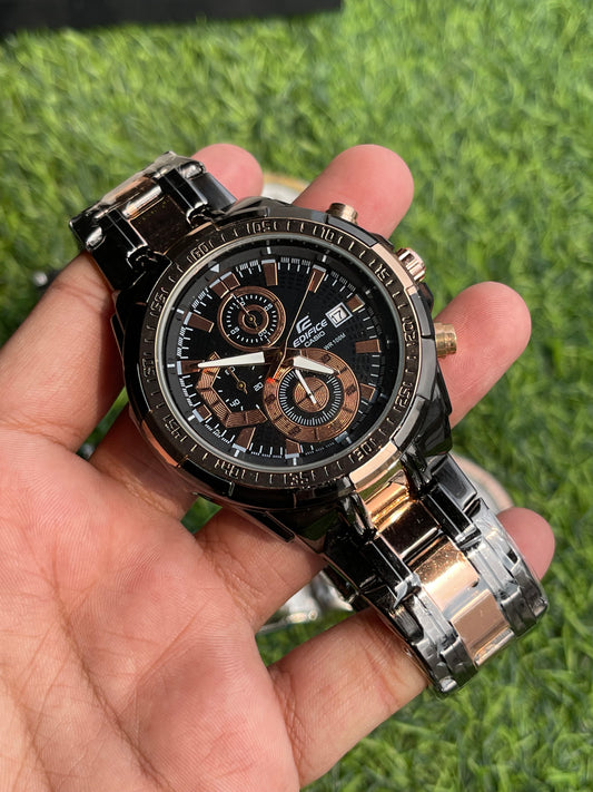 RC X Casiio Edific Black & Rose Gold Dial Chronograph Watch – Two-Tone Metal Bracelet