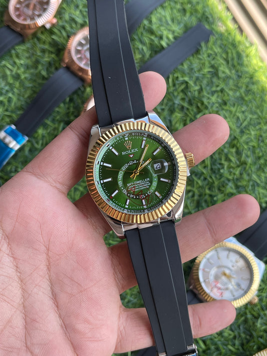 RC RLX Sky-Dweller–Style Green Dial Quartz Watch with Gold Fluted Bezel
