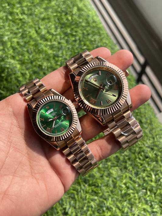 RC Copper-Green RLX Couple Watch Set – Luxury Inspired Edition