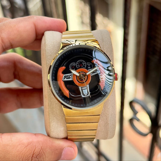 RC Ferrarii Racing Wheel Edition Gold Watch – Gold Stainless Steel Strap & Black Dial