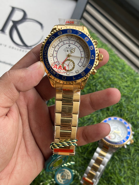 RC RLX Yacht-Master II – Gold & Blue Chronograph Watch (sahil khan edition)