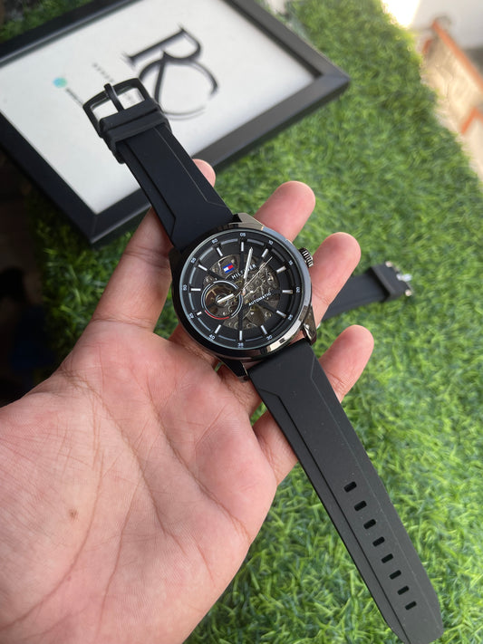 RC X Tommy Automatic Skeleton – Black Silicone Strap & Black Case