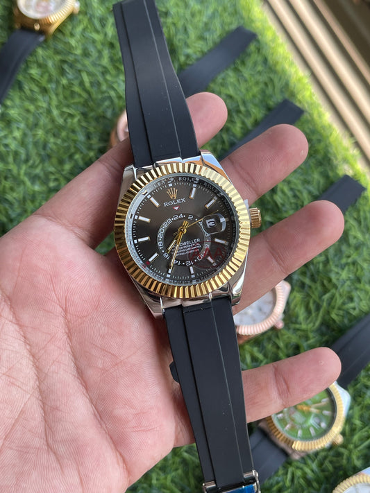 RC RLX Sky-Dweller Style Quartz Watch – Black Dial with Gold Fluted Bezel