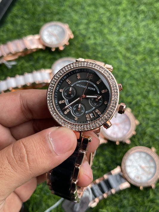 RC X Miichael Kors Chronograph Crystal Bezel – Black Strap & Black Dial