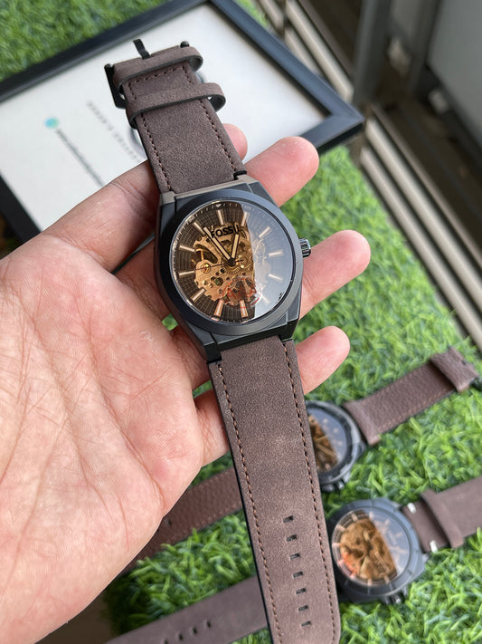 RC Fossiil Automatic Skeleton Watch – Brown Suede Leather Strap