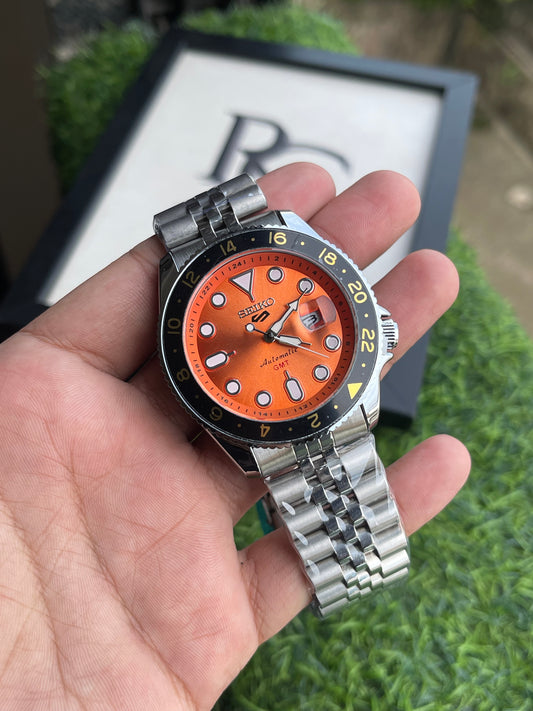 RC Seiiko GMT Style Quartz Open Back – Premium Jubilee Edition Orange Dial / Black-Gold Bezel