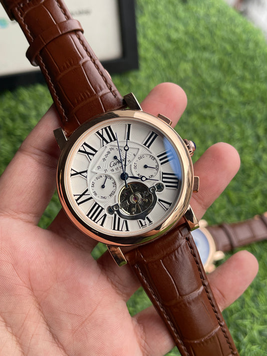 RC X Cartiier Automatic Open-Heart Roman Dial – Rose Gold & Brown Leather