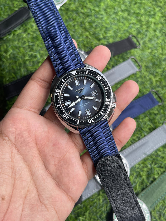 RC X Seiiko 5 Quartz – Blue Dial-silver case | Navy Blue Canvas Strap