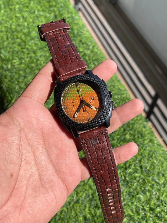 RC Fossiil-Inspired Textured Brown Leather Watch