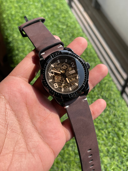 RC Fossiil Automatic Skeleton Watch – Black Case | Textured Brown Strap