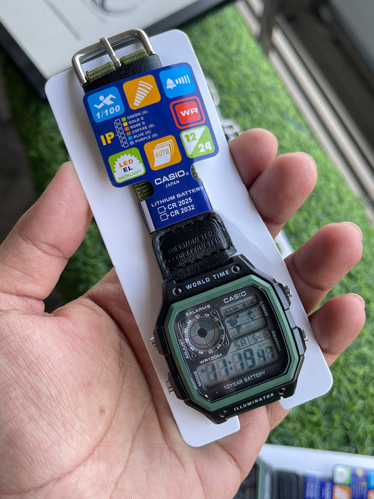 RC Casiio World Time Illuminator Digital Watch (black-green)