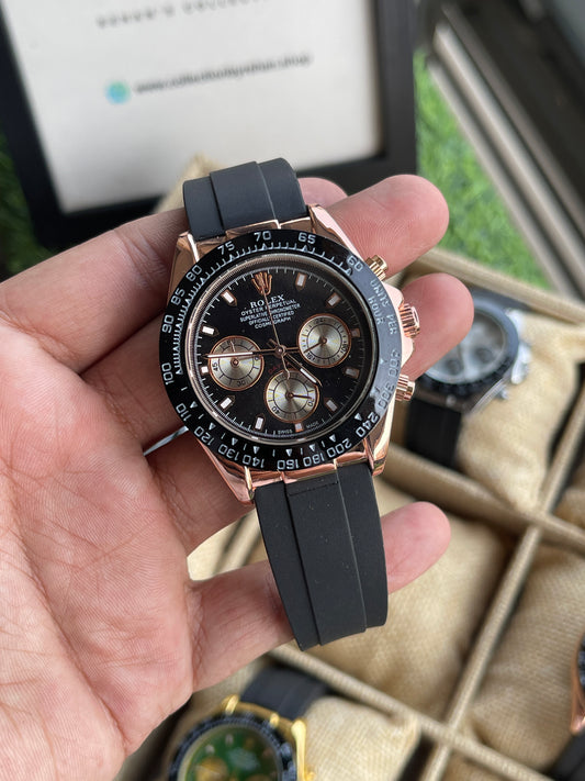 RC RLX Daytona β Rose Gold Case, Black Dial (Quartz Model)