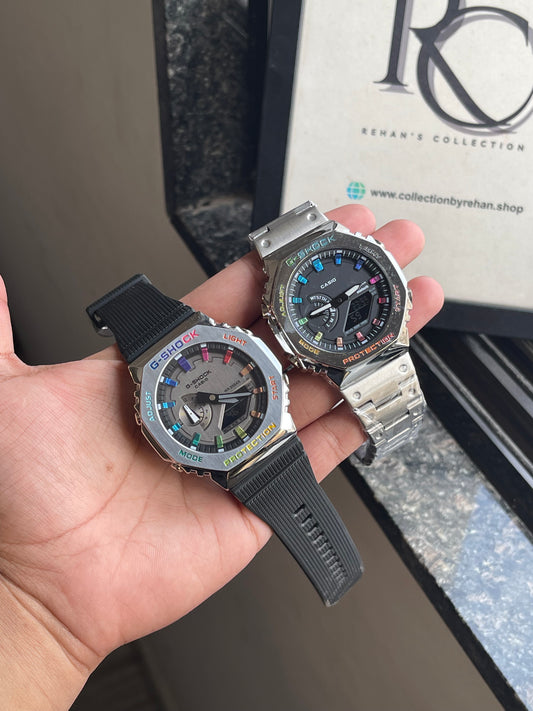 RC X Casiio G-Shok Rainbow Duo – Premium Analog & Digital Combo (Steel Chain + Black Silicone Edition)