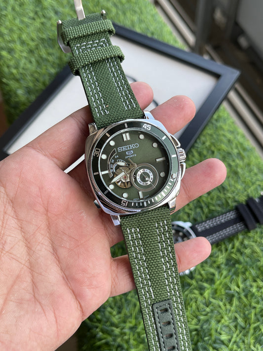 RC Seiiko 5 Sports Automatic Watch – Green Dial with Canvas Strap