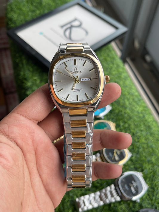 RC Omegaa Silver Dial Two-Tone Quartz Watch (Gold & Silver Chain)
