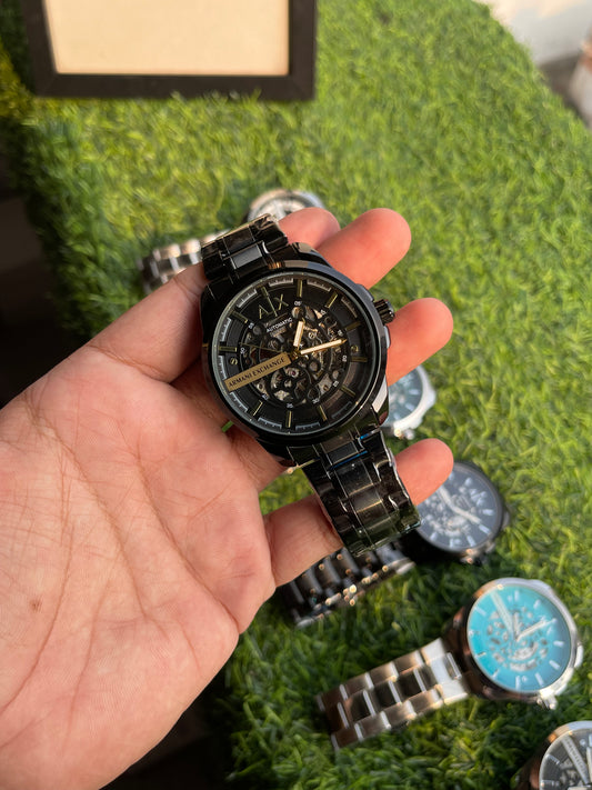 RC X Armanii Exxchange Automatic Skeleton Watch – Black Chain with Black & Gold Dial