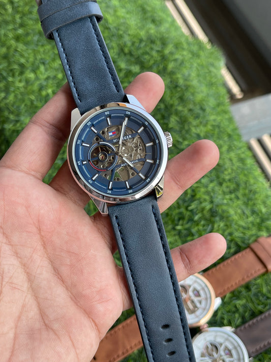 RC Tommy Classic Automatic Skeleton Watch – Navy Blue Leather Edition