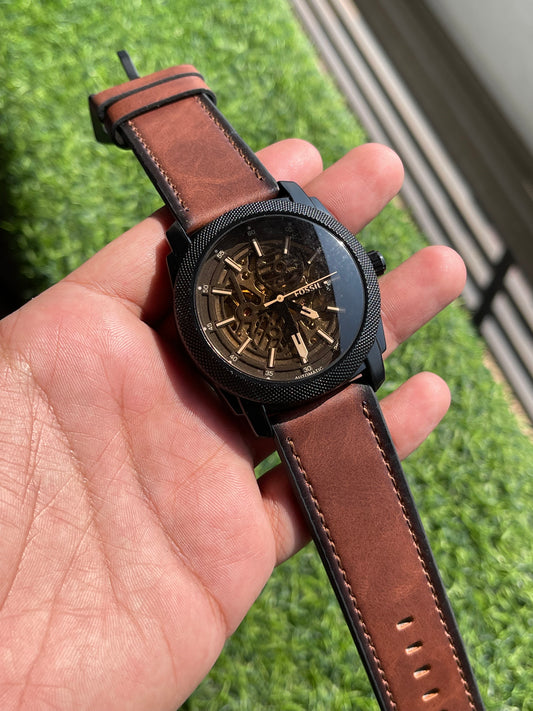 RC Fossiil Automatic Skeleton Watch – Matte Black Case with Vintage Brown Leather Strap