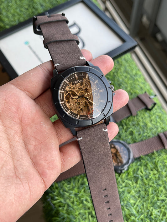 RC Fossiil Automatic Skeleton Watch – Brown Leather Strap