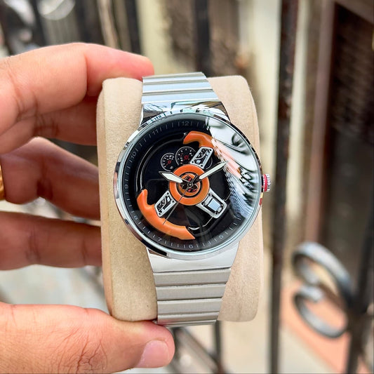 RC Ferrarii Racing Wheel Edition Stainless Steel Watch – Silver Strap & Black Dial
