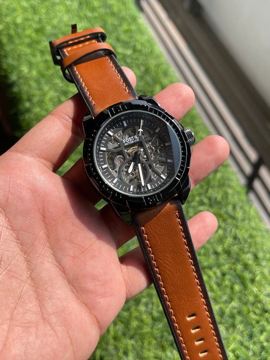 RC Fossiil Automatic – Black Skeleton Dial | Gloss Black Case | Premium Tan Leather Strap