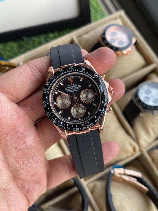 RC RLX Daytona β Rose Gold Case, Black Dial (Quartz Model)