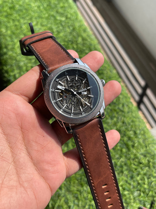 RC Fossiil Automatic Skeleton Watch – Silver Mesh Bezel | Brown Leather Strap