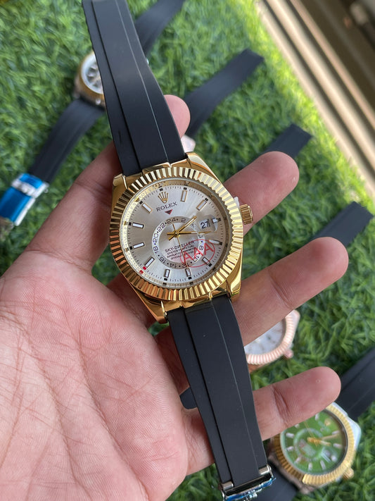 RC RLX Sky-Dweller Style Men’s Watch – Gold Finish with White Dial & Black Rubber Strap